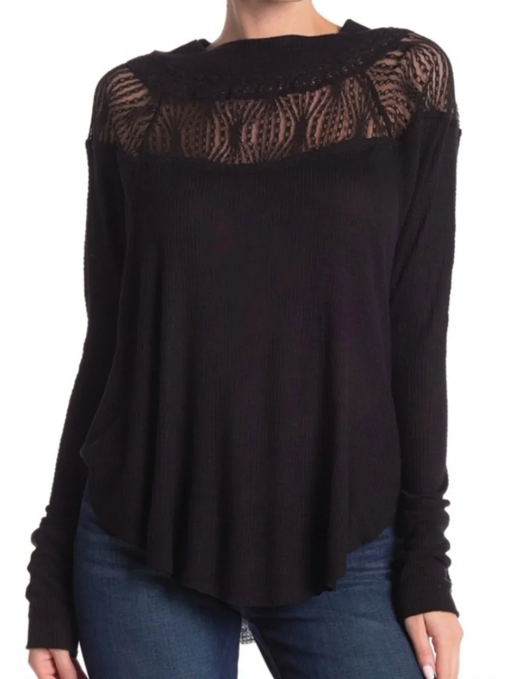 Free People Spring Valley Top XS Black Waffle Knit Lace Yoke Boho